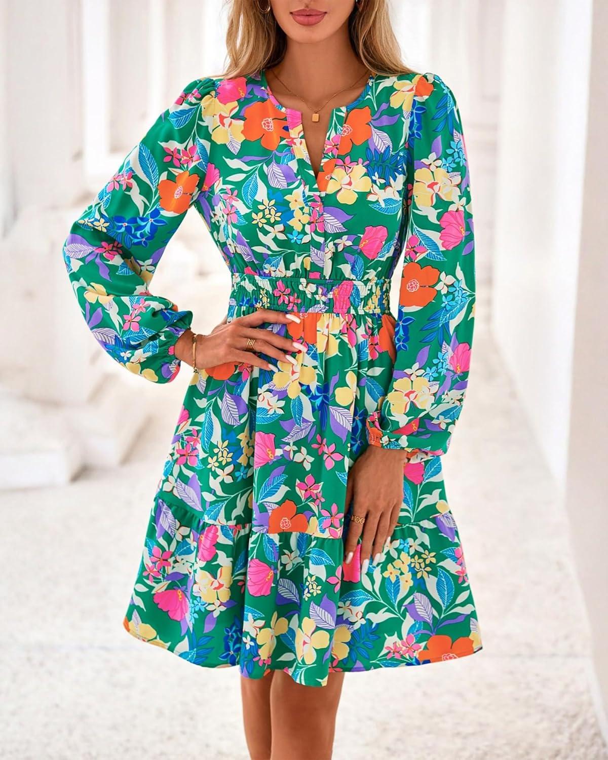 imageBTFBM Long Sleeve Dress for Women 2026 Spring Summer Mini Elastic Waist Floral Boho Beach Vacation Wedding Guest DressesGreen Orange Flower