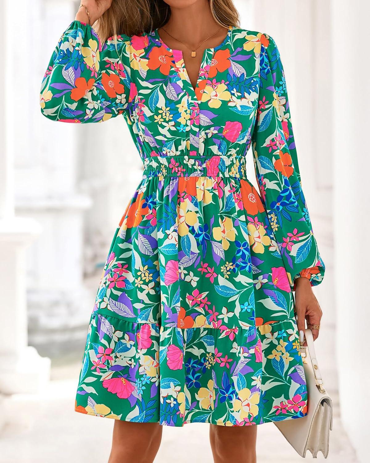imageBTFBM Long Sleeve Dress for Women 2026 Spring Summer Mini Elastic Waist Floral Boho Beach Vacation Wedding Guest DressesGreen Orange Flower