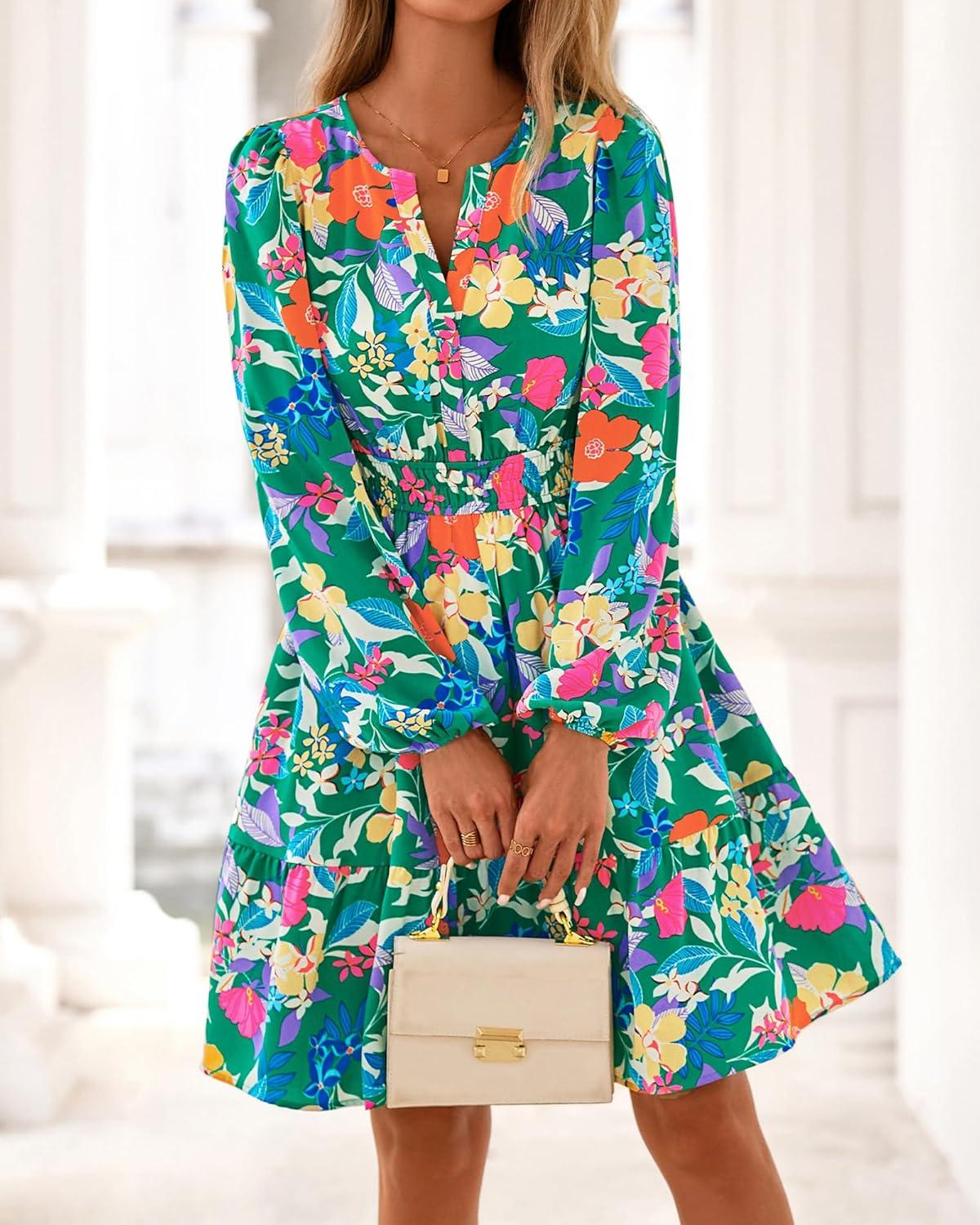 imageBTFBM Long Sleeve Dress for Women 2026 Spring Summer Mini Elastic Waist Floral Boho Beach Vacation Wedding Guest DressesGreen Orange Flower