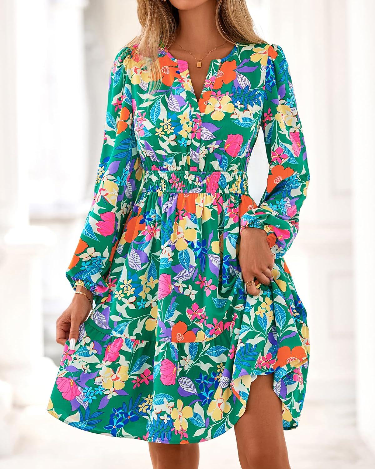 imageBTFBM Long Sleeve Dress for Women 2026 Spring Summer Mini Elastic Waist Floral Boho Beach Vacation Wedding Guest DressesGreen Orange Flower