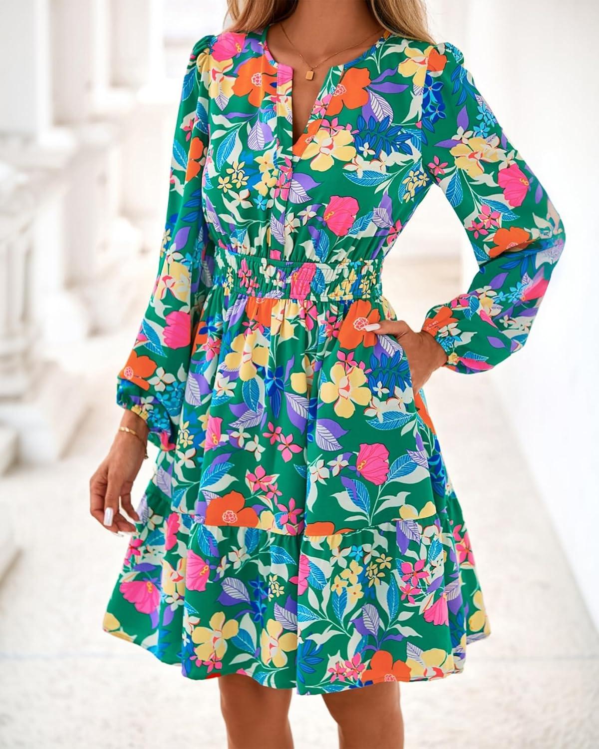 imageBTFBM Long Sleeve Dress for Women 2026 Spring Summer Mini Elastic Waist Floral Boho Beach Vacation Wedding Guest DressesGreen Orange Flower