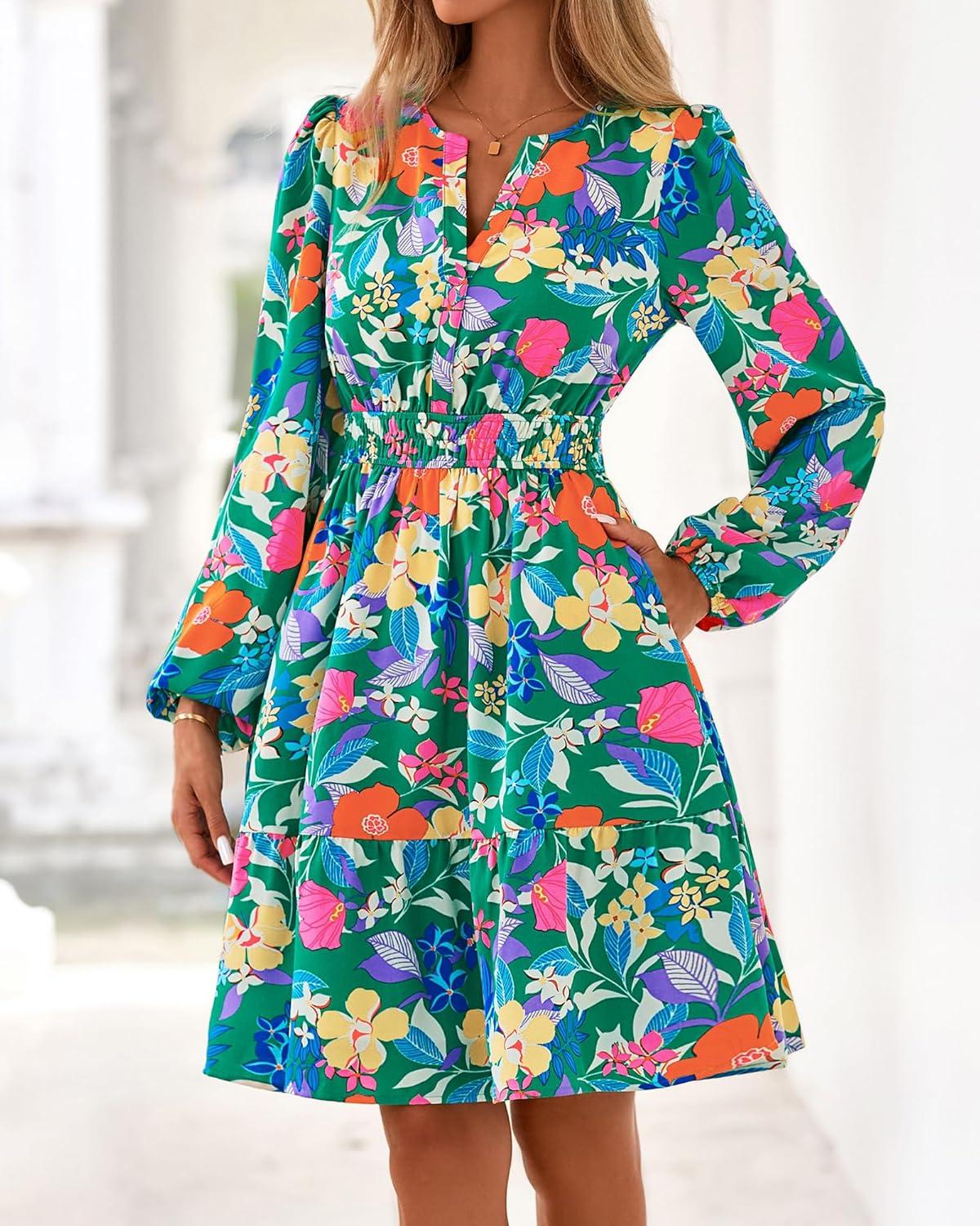 imageBTFBM Long Sleeve Dress for Women 2026 Spring Summer Mini Elastic Waist Floral Boho Beach Vacation Wedding Guest DressesGreen Orange Flower