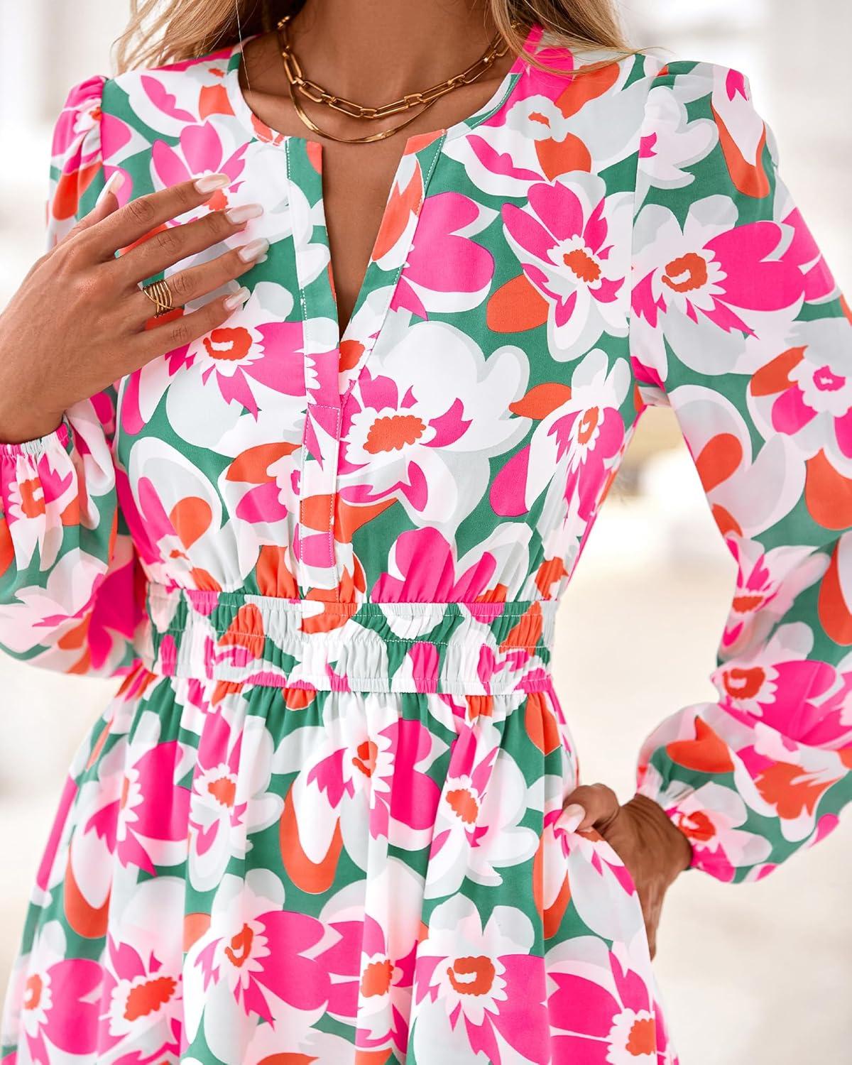 imageBTFBM Long Sleeve Dress for Women 2026 Spring Summer Mini Elastic Waist Floral Boho Beach Vacation Wedding Guest DressesGreen Pink Flower