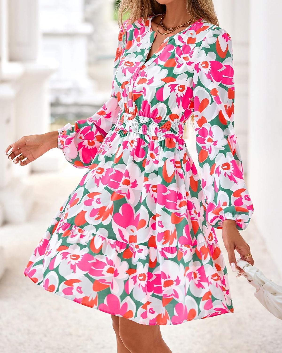 imageBTFBM Long Sleeve Dress for Women 2026 Spring Summer Mini Elastic Waist Floral Boho Beach Vacation Wedding Guest DressesGreen Pink Flower