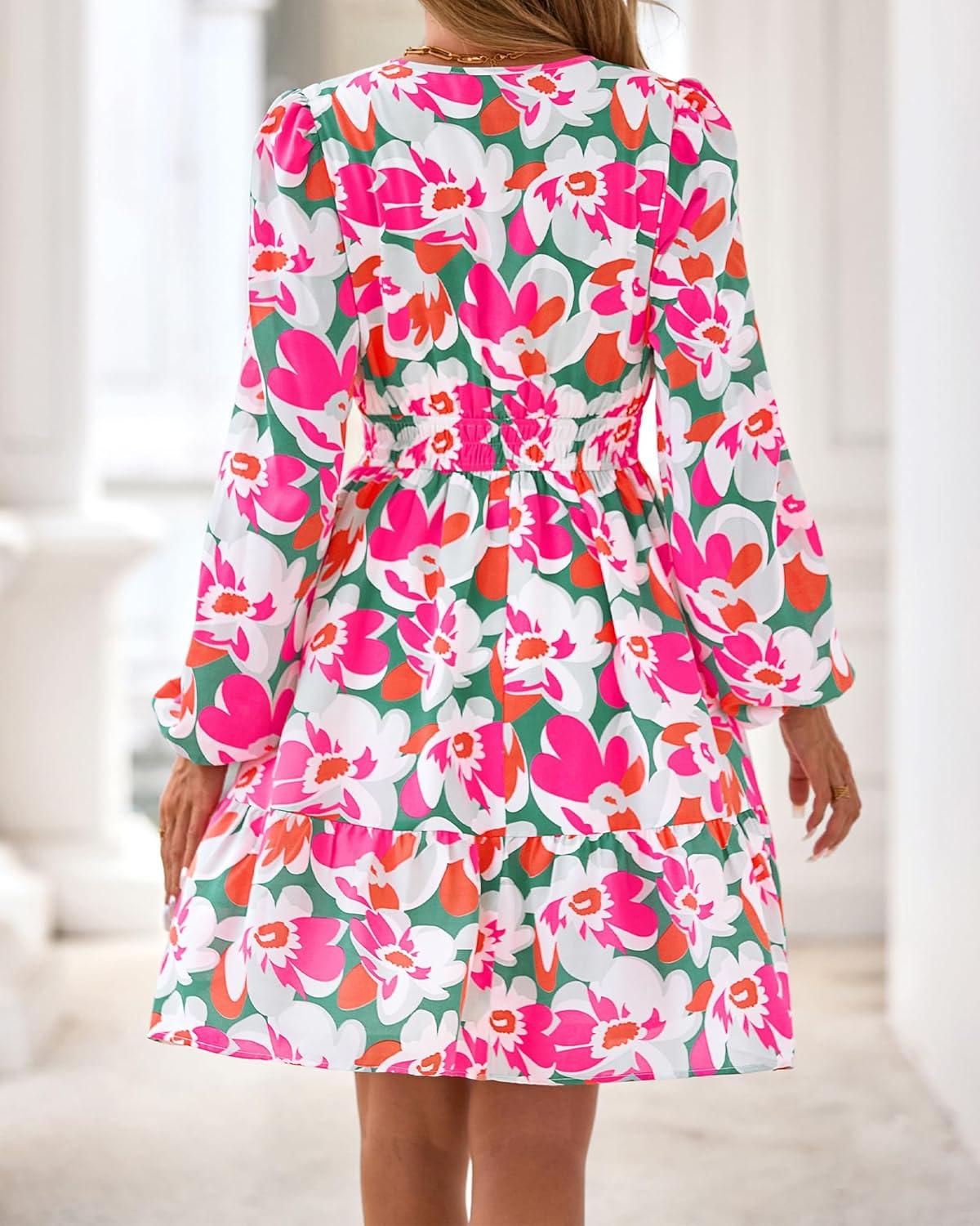 imageBTFBM Long Sleeve Dress for Women 2026 Spring Summer Mini Elastic Waist Floral Boho Beach Vacation Wedding Guest DressesGreen Pink Flower