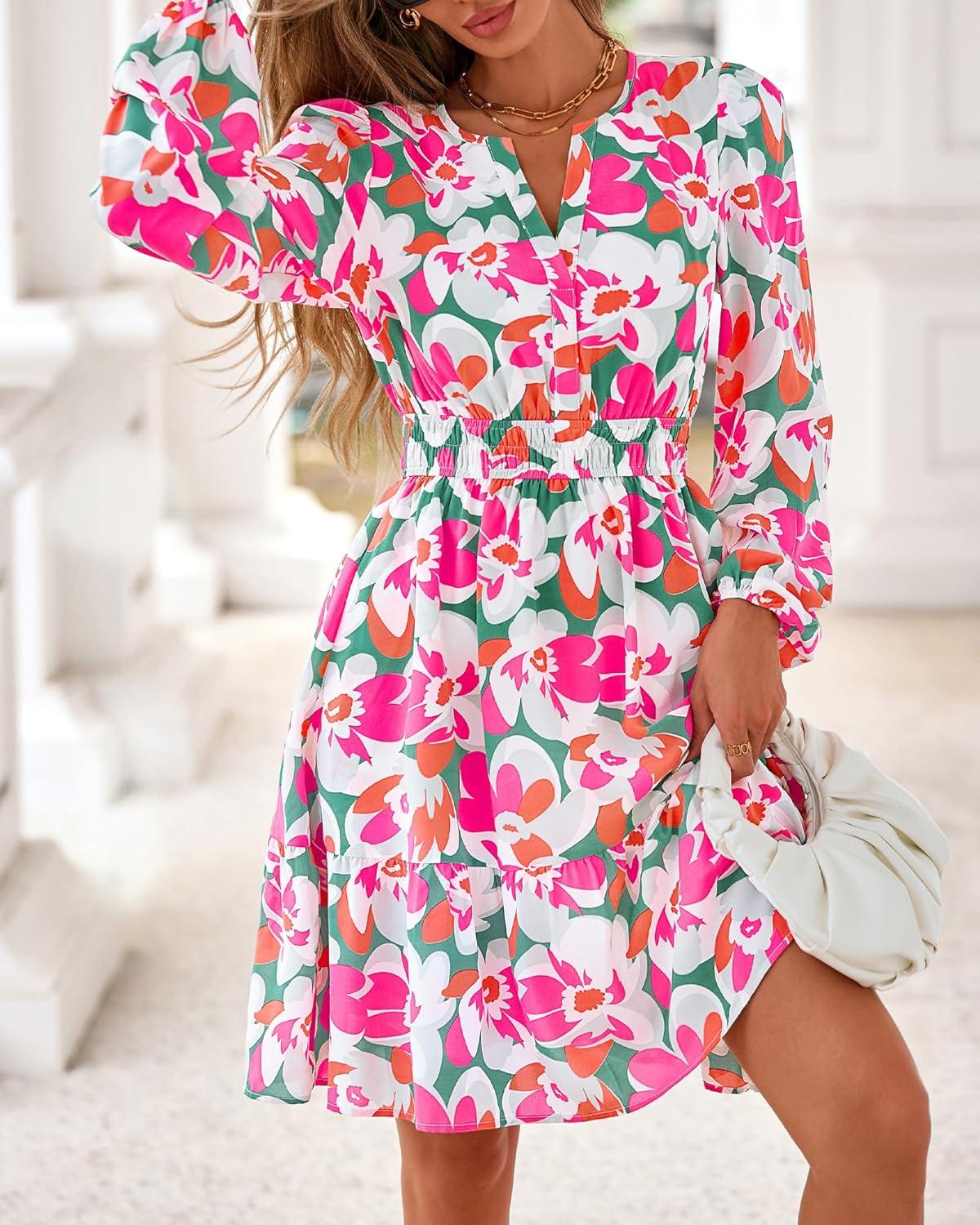 imageBTFBM Long Sleeve Dress for Women 2026 Spring Summer Mini Elastic Waist Floral Boho Beach Vacation Wedding Guest DressesGreen Pink Flower