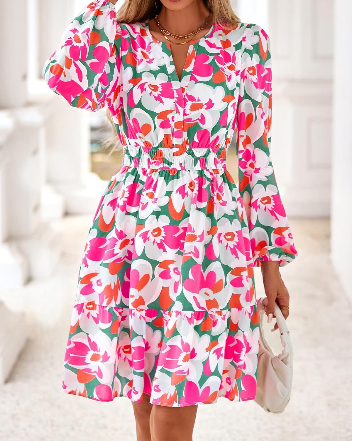 imageBTFBM Long Sleeve Dress for Women 2026 Spring Summer Mini Elastic Waist Floral Boho Beach Vacation Wedding Guest DressesGreen Pink Flower
