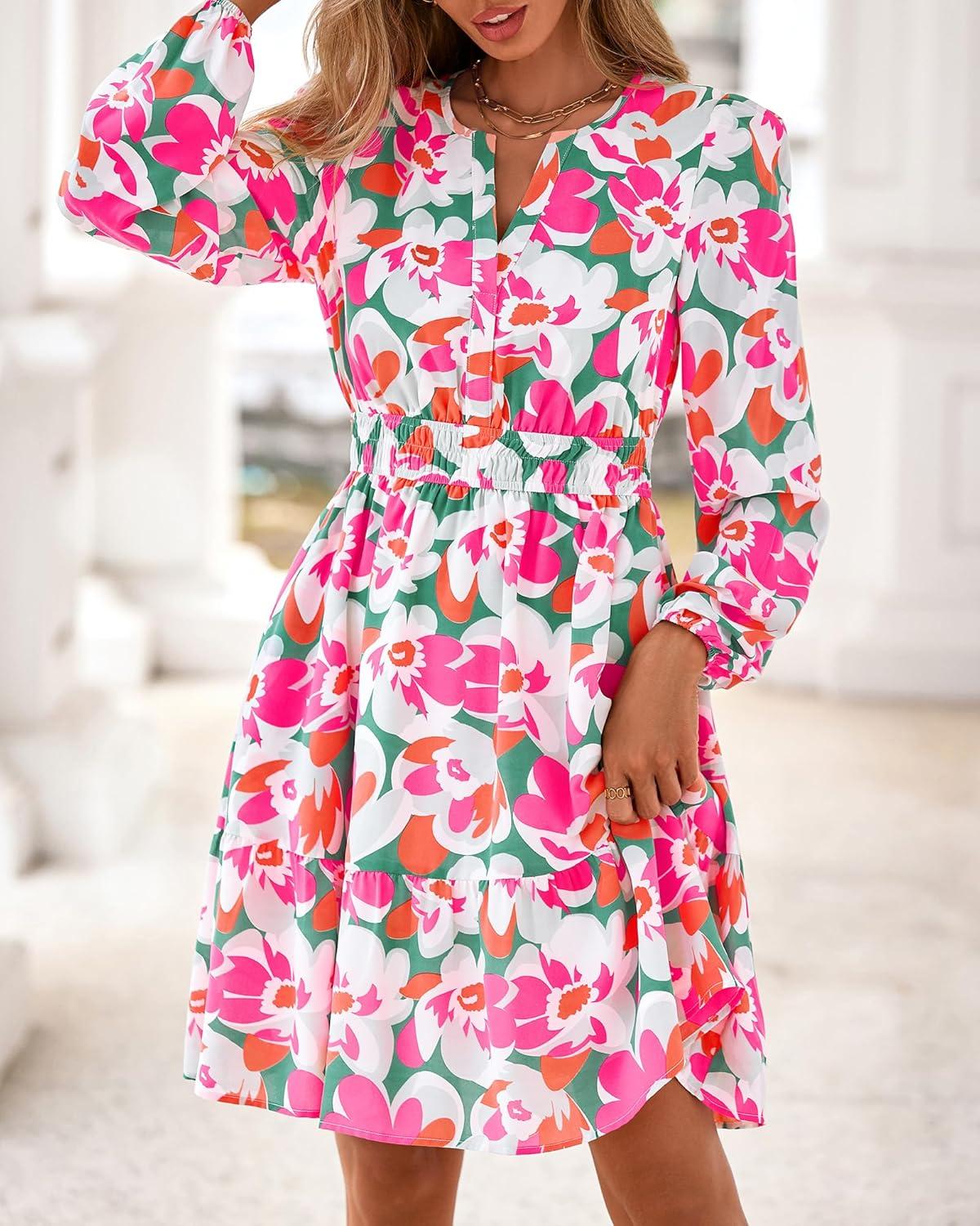 imageBTFBM Long Sleeve Dress for Women 2026 Spring Summer Mini Elastic Waist Floral Boho Beach Vacation Wedding Guest DressesGreen Pink Flower