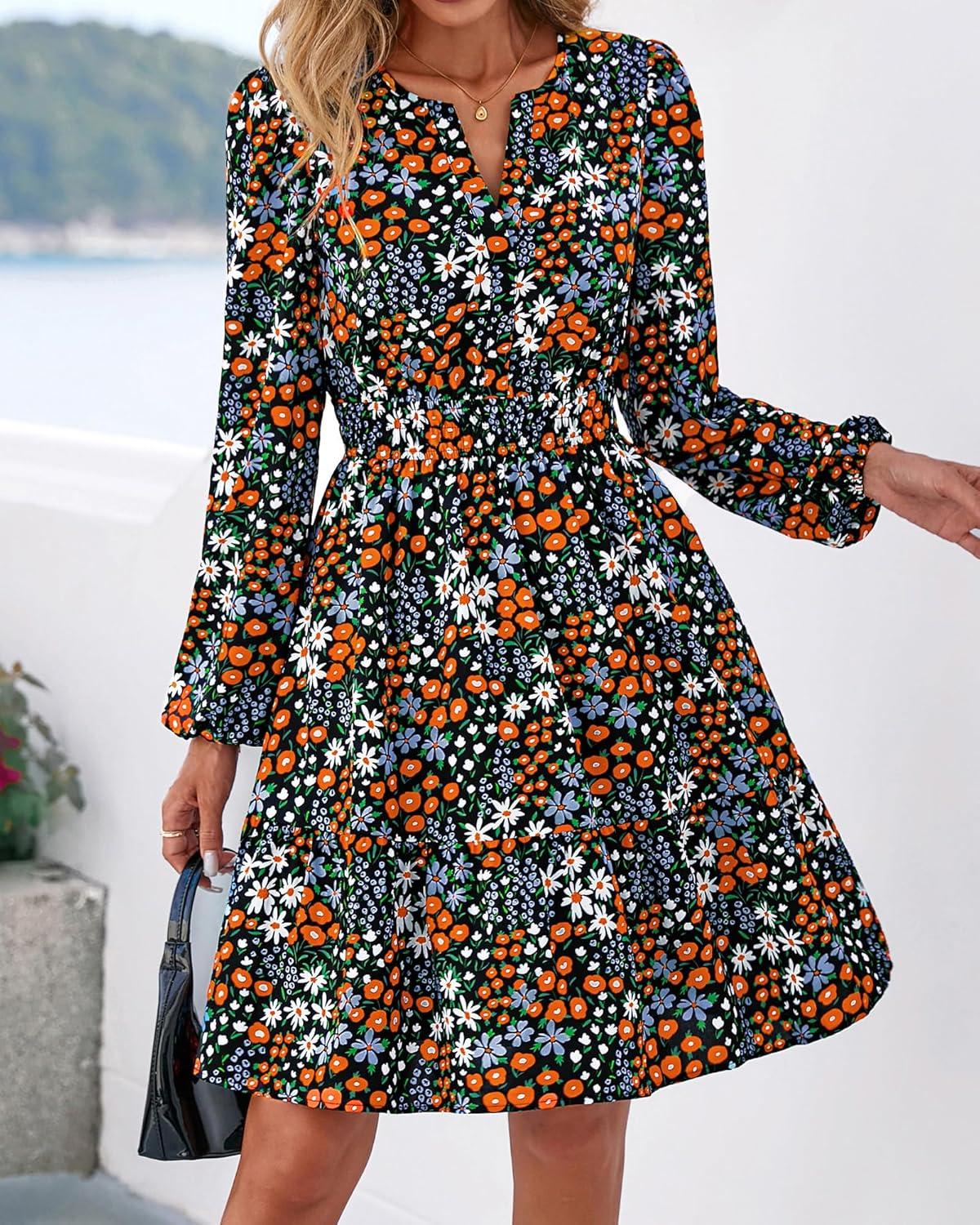 imageBTFBM Long Sleeve Dress for Women 2026 Spring Summer Mini Elastic Waist Floral Boho Beach Vacation Wedding Guest DressesMulti Black