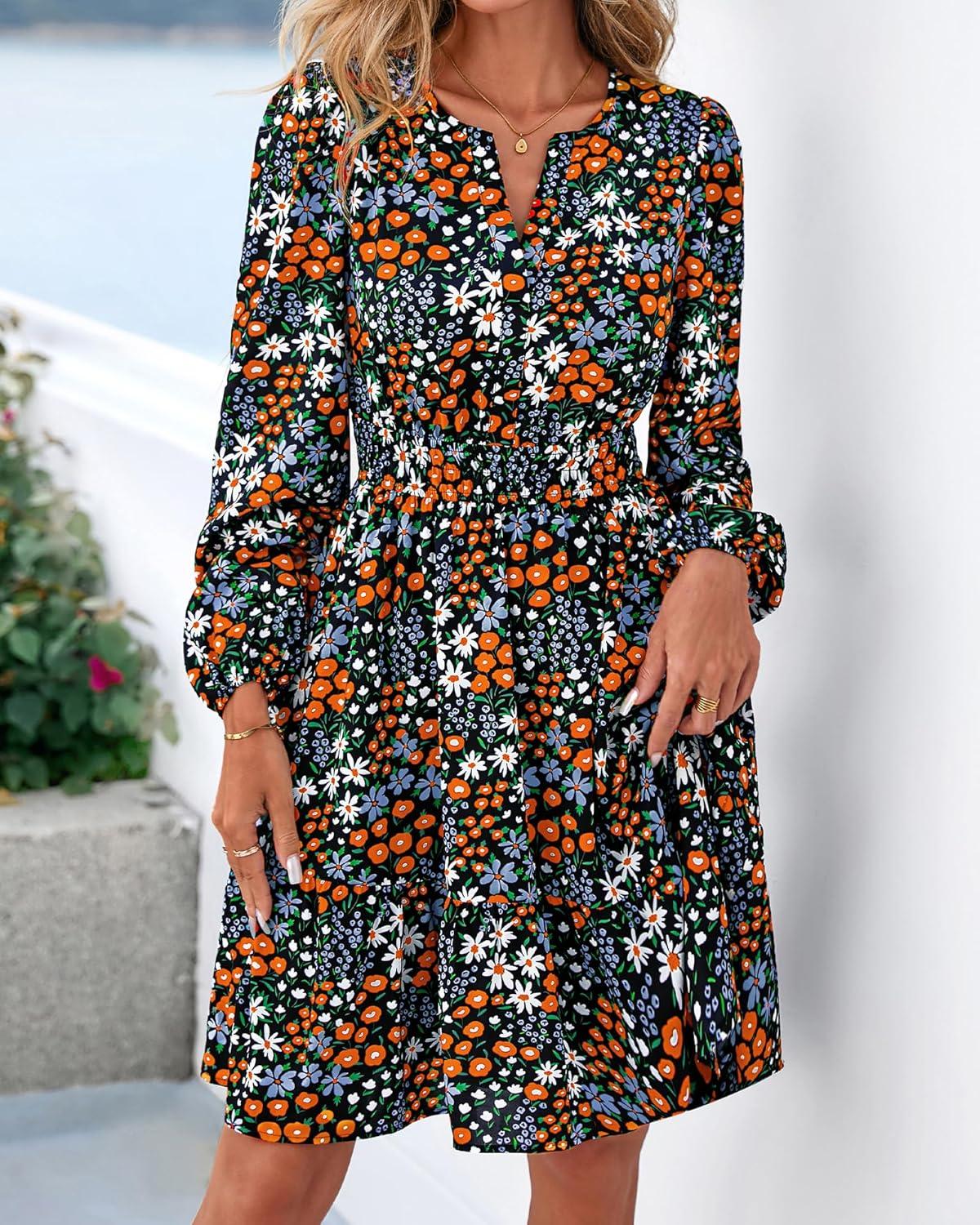 imageBTFBM Long Sleeve Dress for Women 2026 Spring Summer Mini Elastic Waist Floral Boho Beach Vacation Wedding Guest DressesMulti Black