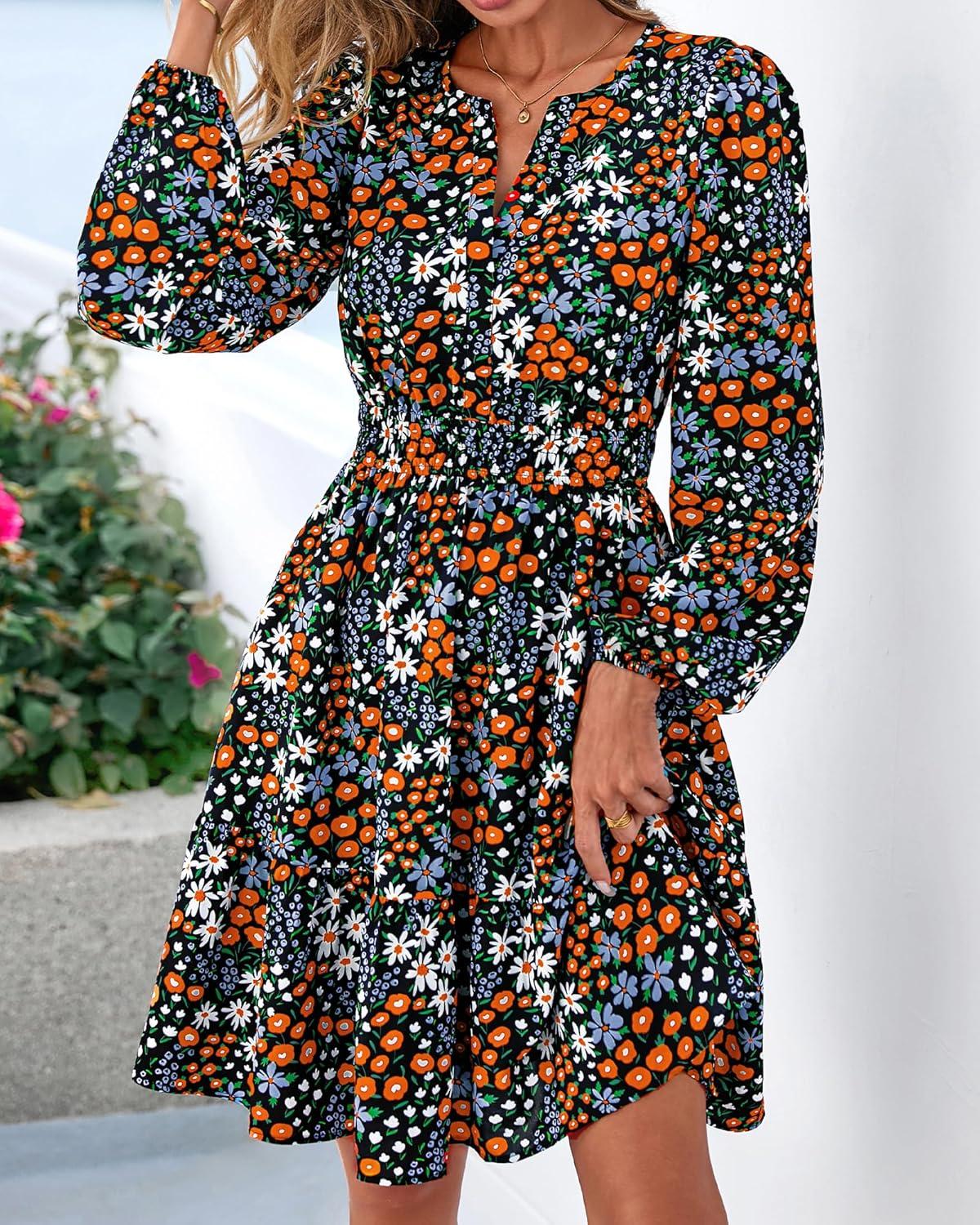 imageBTFBM Long Sleeve Dress for Women 2026 Spring Summer Mini Elastic Waist Floral Boho Beach Vacation Wedding Guest DressesMulti Black