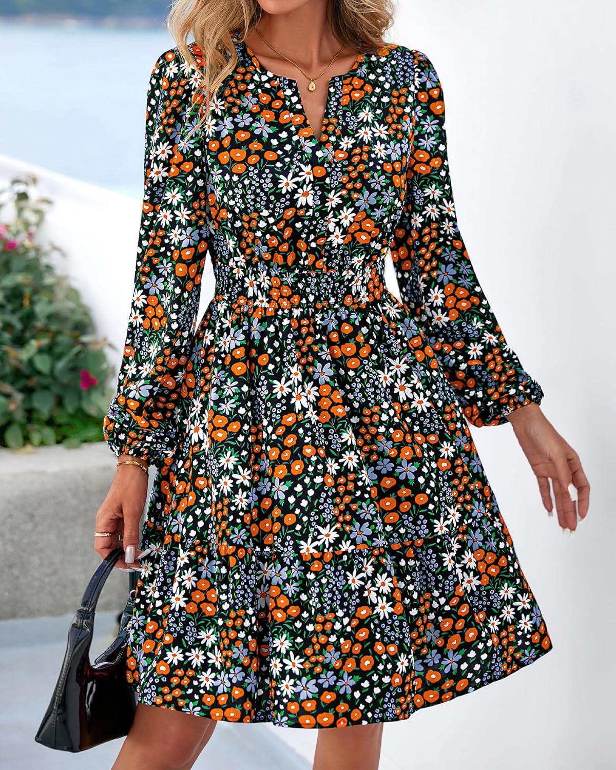 imageBTFBM Long Sleeve Dress for Women 2026 Spring Summer Mini Elastic Waist Floral Boho Beach Vacation Wedding Guest DressesMulti Black