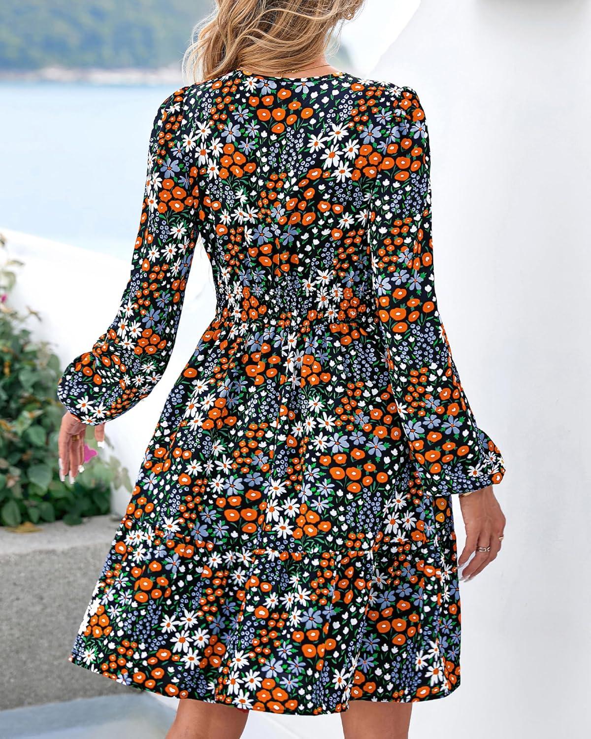 imageBTFBM Long Sleeve Dress for Women 2026 Spring Summer Mini Elastic Waist Floral Boho Beach Vacation Wedding Guest DressesMulti Black