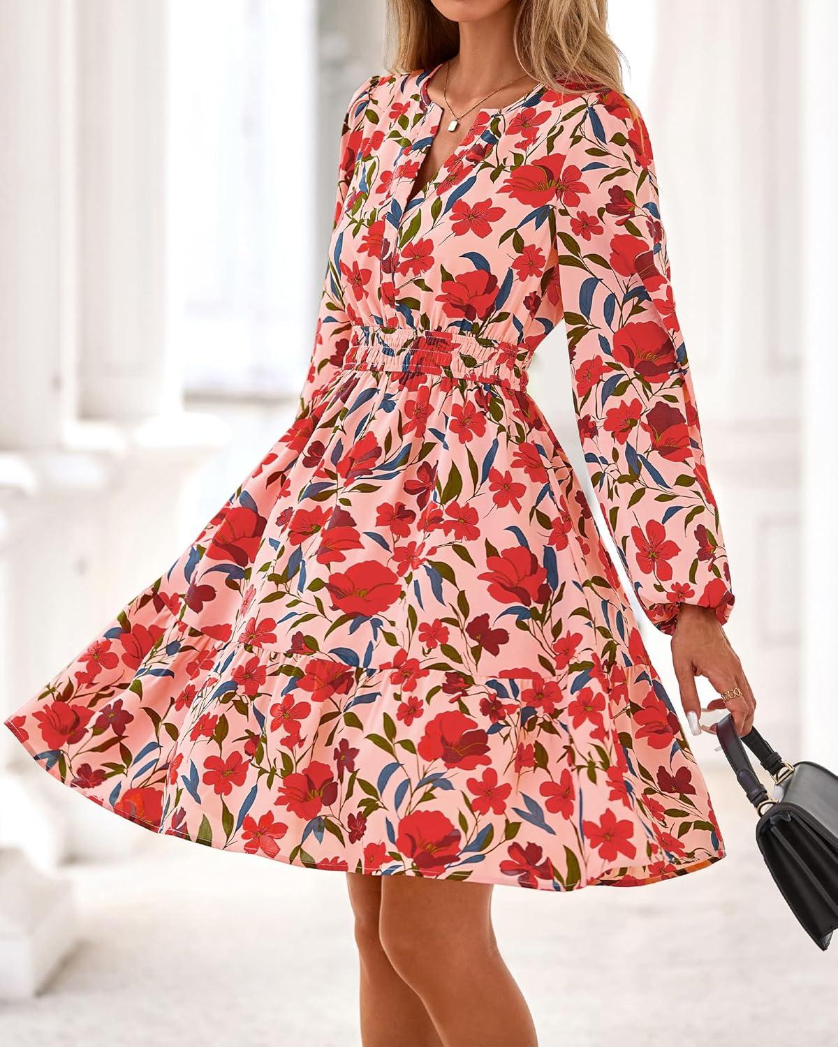 imageBTFBM Long Sleeve Dress for Women 2026 Spring Summer Mini Elastic Waist Floral Boho Beach Vacation Wedding Guest DressesOrange Pink Red Flower