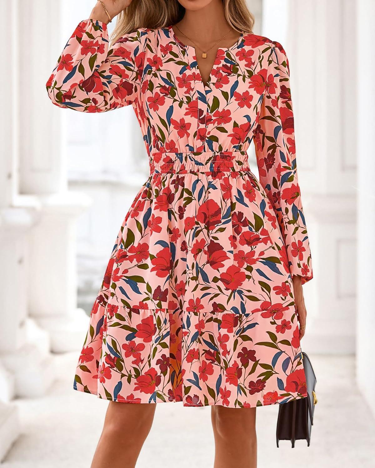 imageBTFBM Long Sleeve Dress for Women 2026 Spring Summer Mini Elastic Waist Floral Boho Beach Vacation Wedding Guest DressesOrange Pink Red Flower