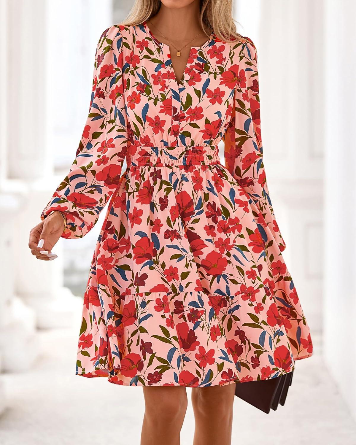 imageBTFBM Long Sleeve Dress for Women 2026 Spring Summer Mini Elastic Waist Floral Boho Beach Vacation Wedding Guest DressesOrange Pink Red Flower