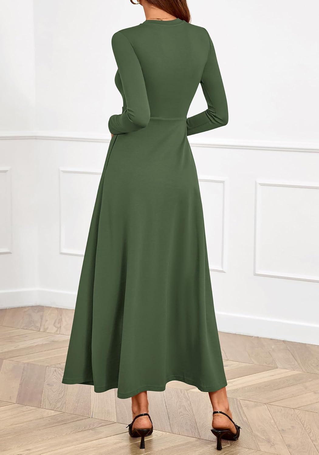 imageBTFBM Long Sleeve Dress for Women Spring Clothes 2026 Pockets Business Casual Pleated Fall Wedding Guest DressesArmy Green