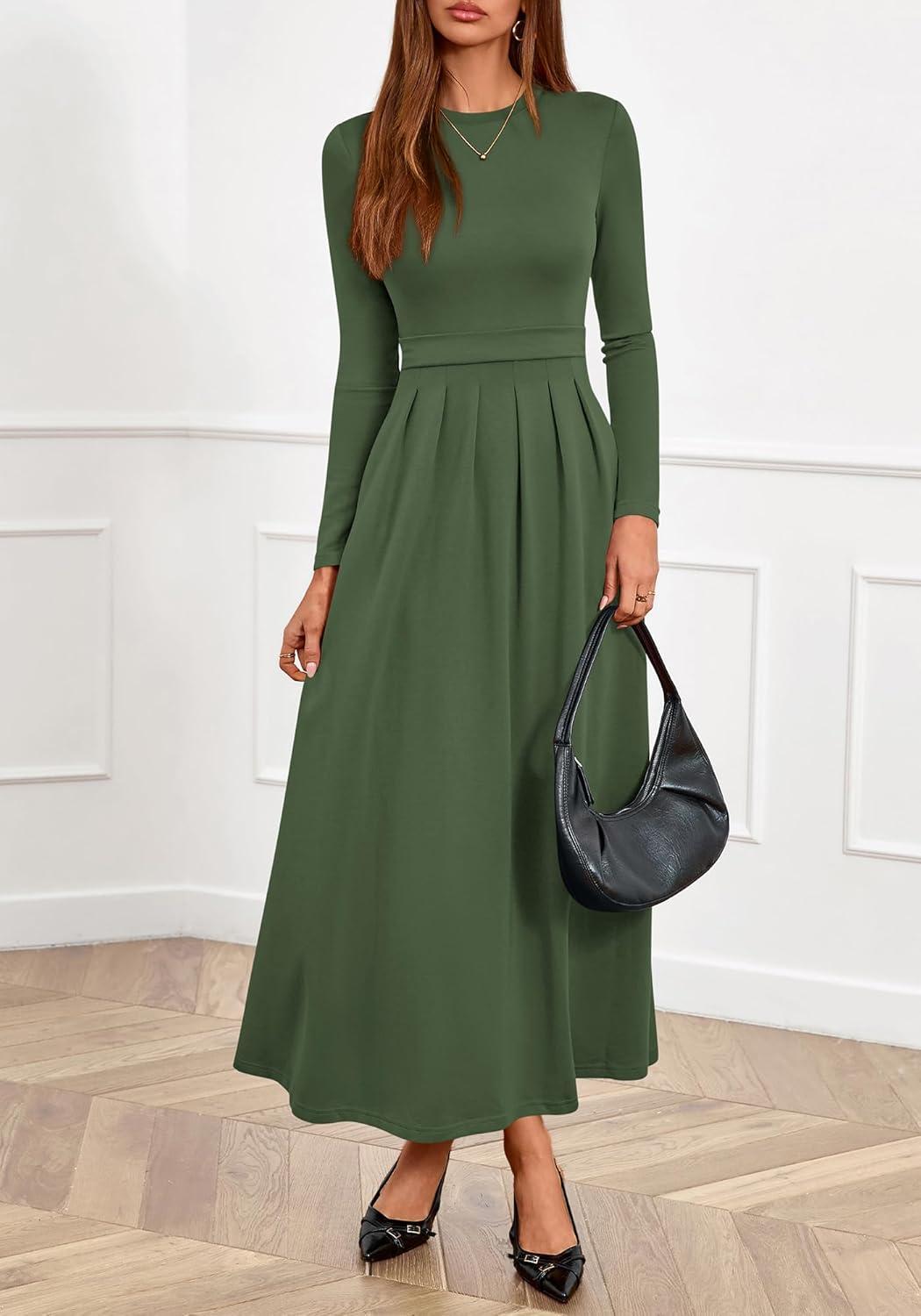 imageBTFBM Long Sleeve Dress for Women Spring Clothes 2026 Pockets Business Casual Pleated Fall Wedding Guest DressesArmy Green