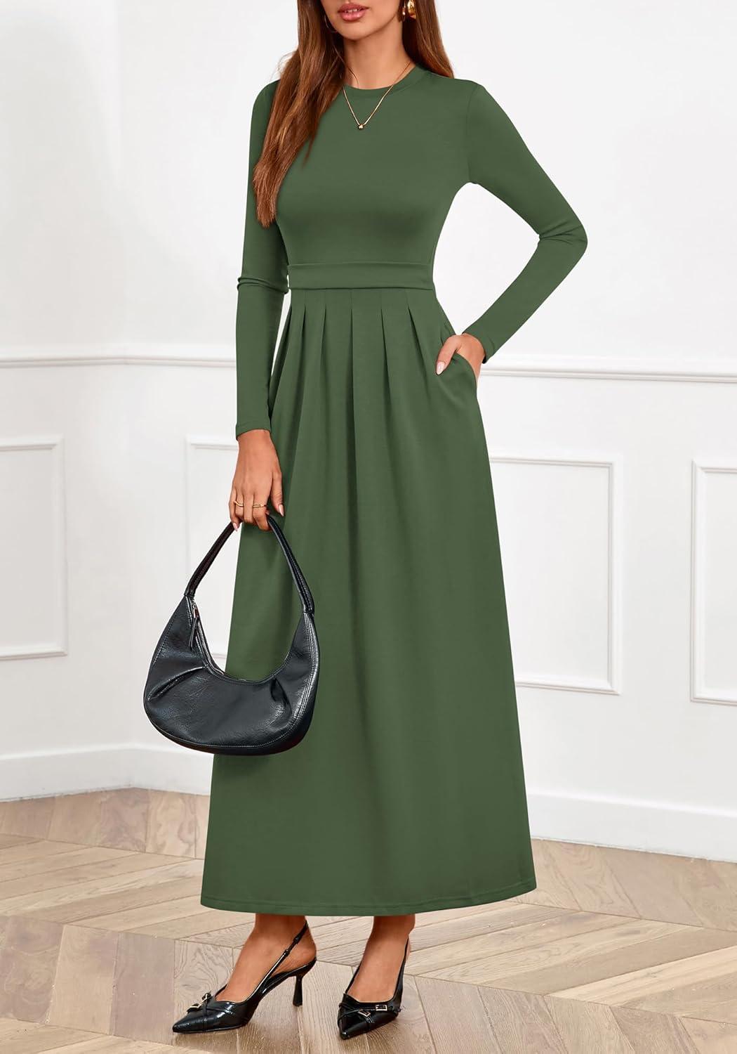 imageBTFBM Long Sleeve Dress for Women Spring Clothes 2026 Pockets Business Casual Pleated Fall Wedding Guest DressesArmy Green
