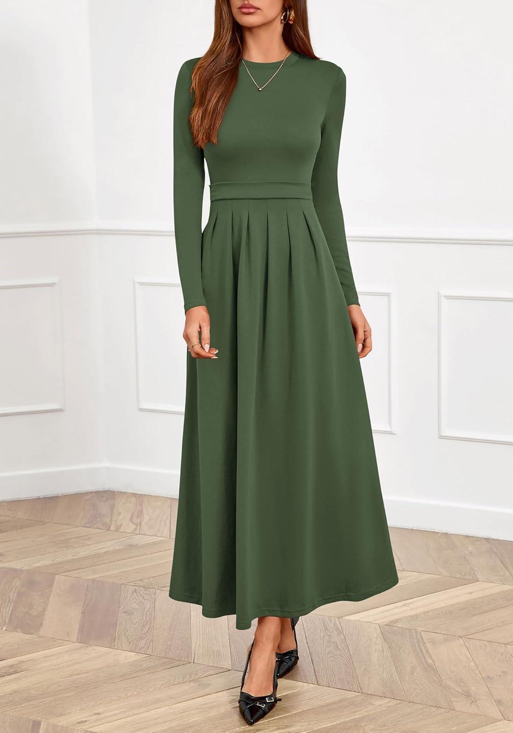imageBTFBM Long Sleeve Dress for Women Spring Clothes 2026 Pockets Business Casual Pleated Fall Wedding Guest DressesArmy Green