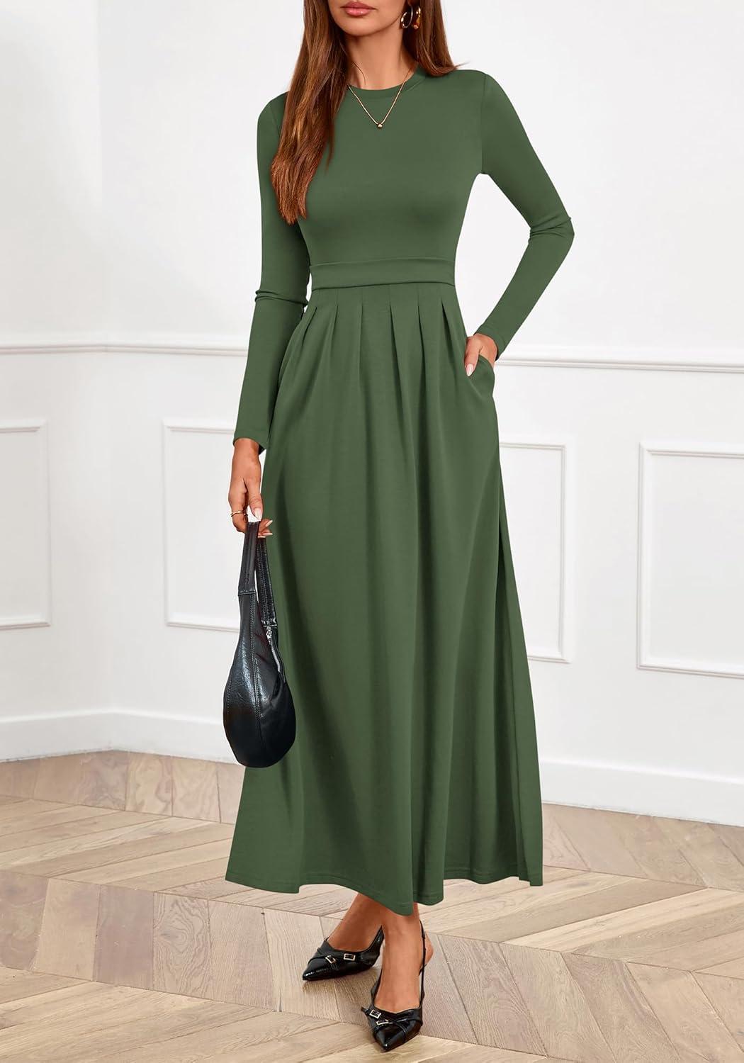 imageBTFBM Long Sleeve Dress for Women Spring Clothes 2026 Pockets Business Casual Pleated Fall Wedding Guest DressesArmy Green