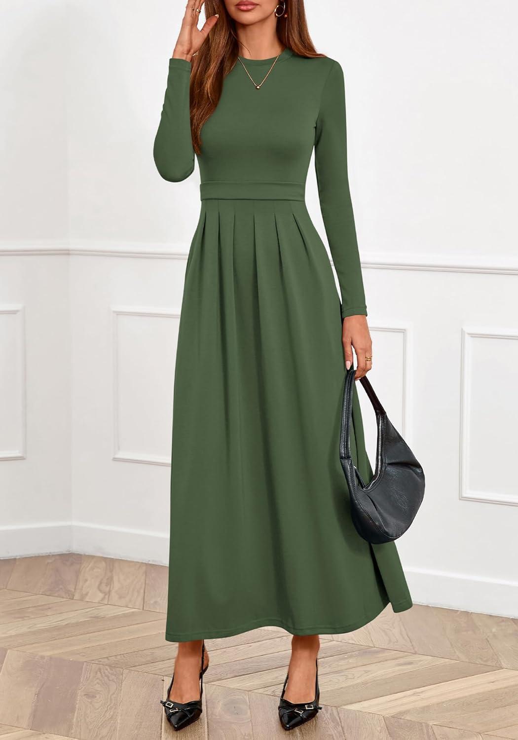 imageBTFBM Long Sleeve Dress for Women Spring Clothes 2026 Pockets Business Casual Pleated Fall Wedding Guest DressesArmy Green