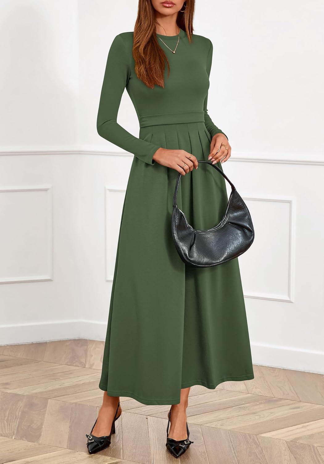imageBTFBM Long Sleeve Dress for Women Spring Clothes 2026 Pockets Business Casual Pleated Fall Wedding Guest DressesArmy Green