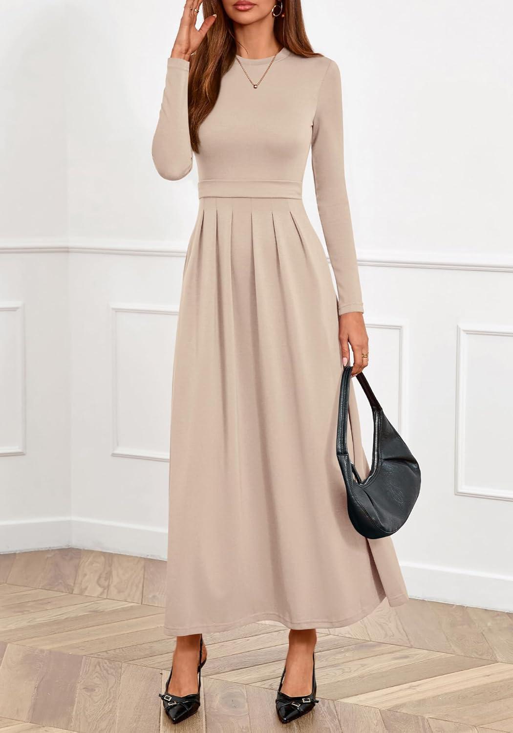 imageBTFBM Long Sleeve Dress for Women Spring Clothes 2026 Pockets Business Casual Pleated Fall Wedding Guest DressesBeige