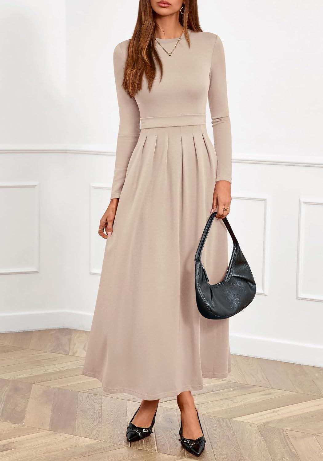 imageBTFBM Long Sleeve Dress for Women Spring Clothes 2026 Pockets Business Casual Pleated Fall Wedding Guest DressesBeige