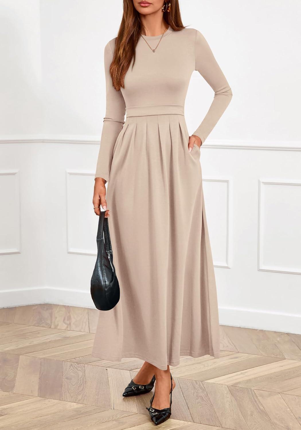 imageBTFBM Long Sleeve Dress for Women Spring Clothes 2026 Pockets Business Casual Pleated Fall Wedding Guest DressesBeige