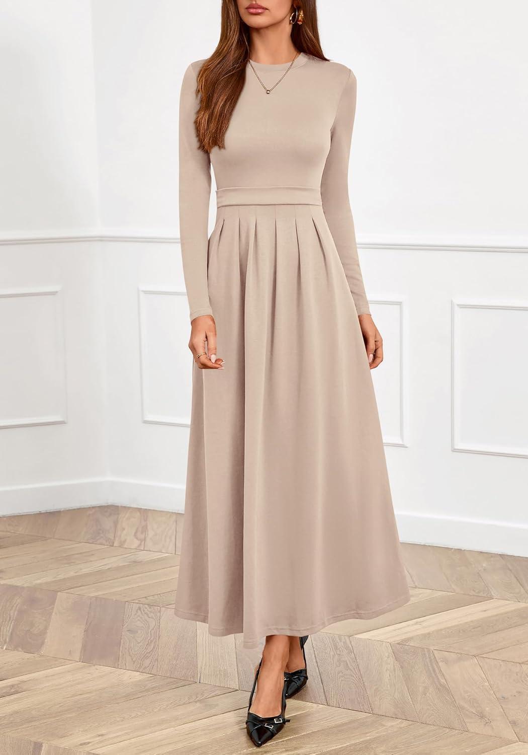 imageBTFBM Long Sleeve Dress for Women Spring Clothes 2026 Pockets Business Casual Pleated Fall Wedding Guest DressesBeige
