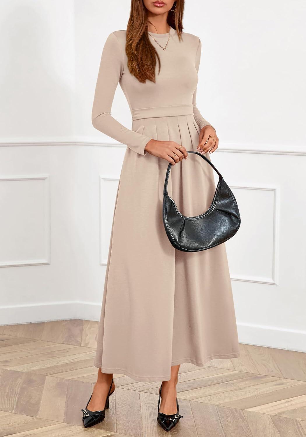 imageBTFBM Long Sleeve Dress for Women Spring Clothes 2026 Pockets Business Casual Pleated Fall Wedding Guest DressesBeige