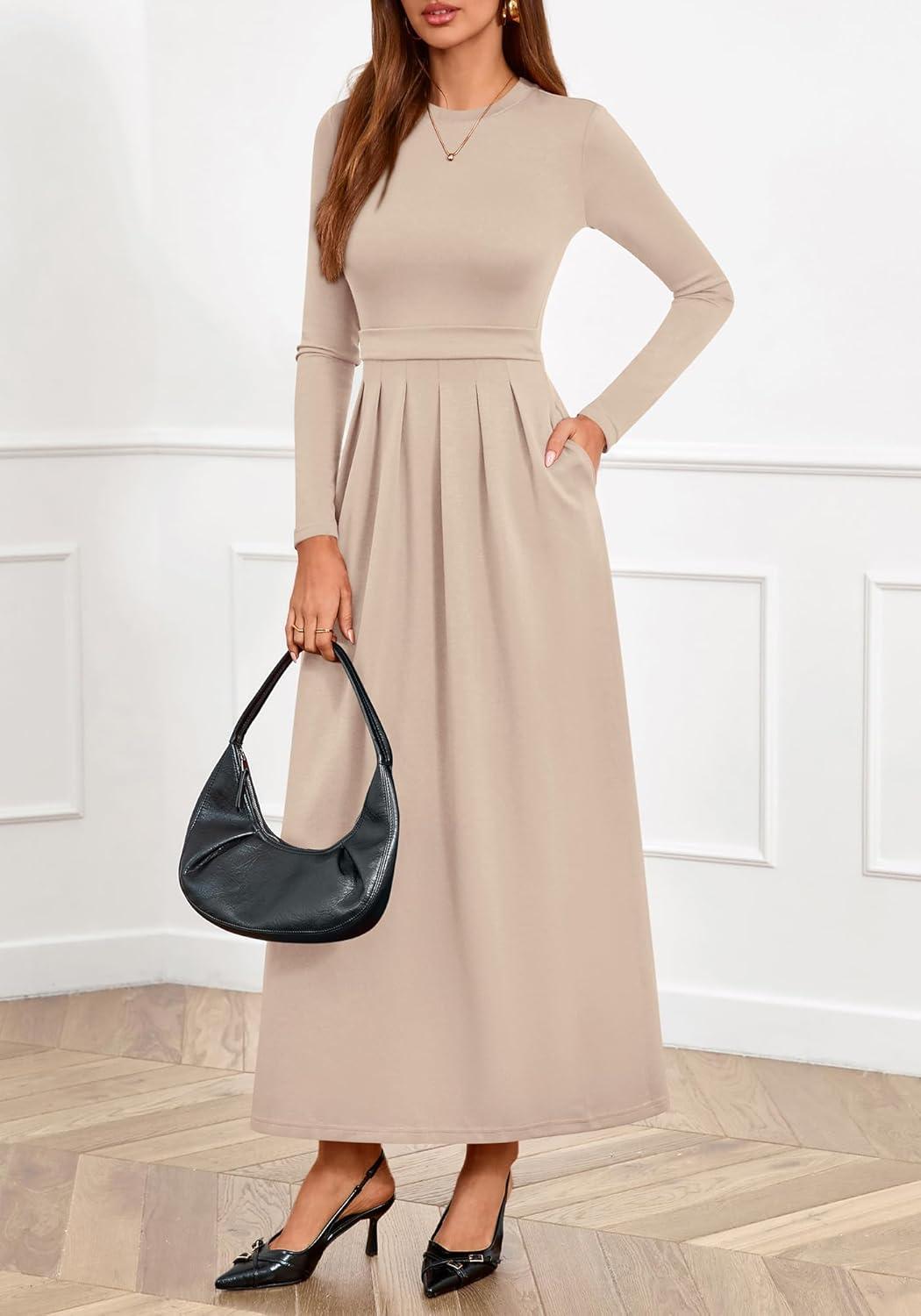 imageBTFBM Long Sleeve Dress for Women Spring Clothes 2026 Pockets Business Casual Pleated Fall Wedding Guest DressesBeige