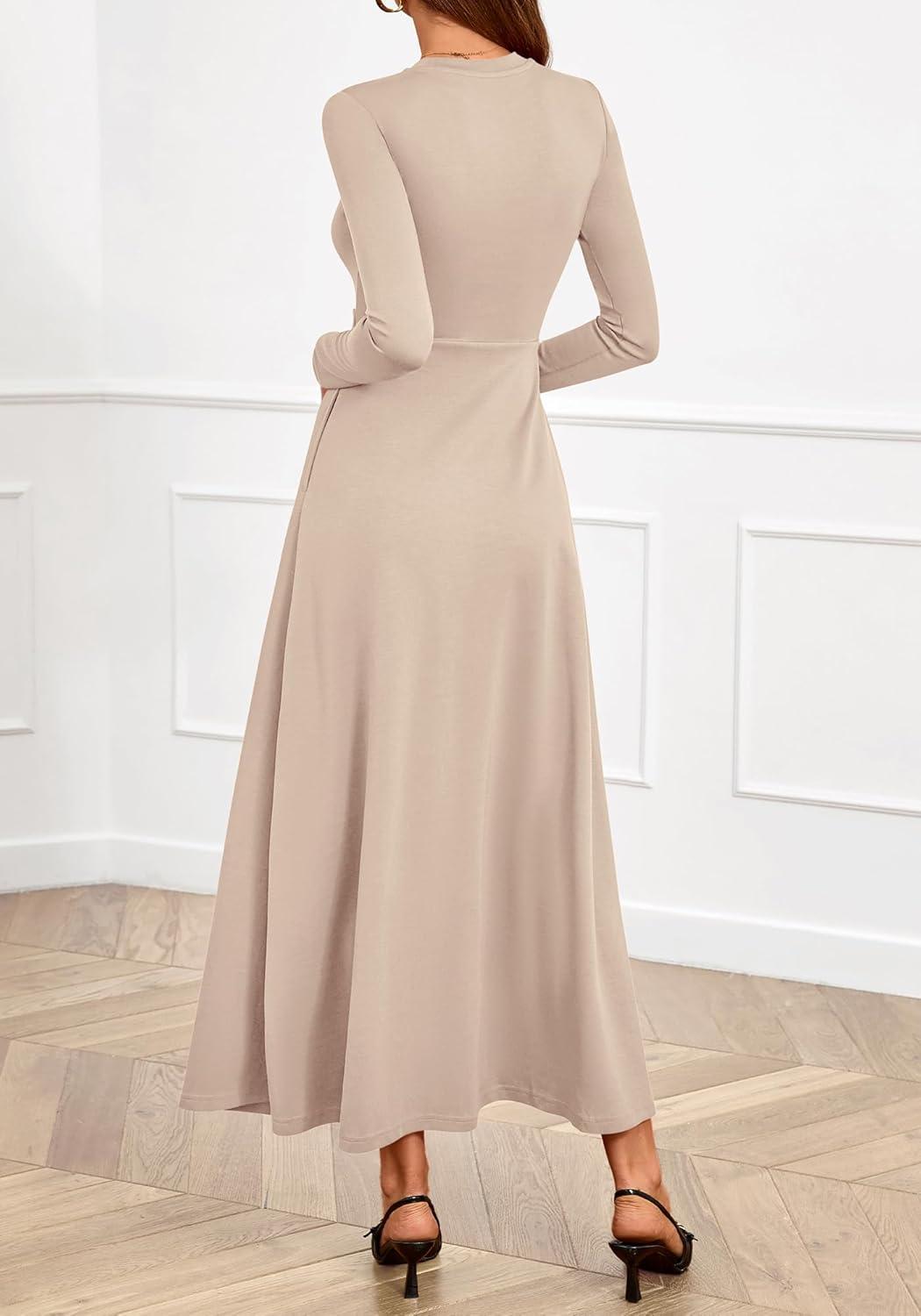 imageBTFBM Long Sleeve Dress for Women Spring Clothes 2026 Pockets Business Casual Pleated Fall Wedding Guest DressesBeige