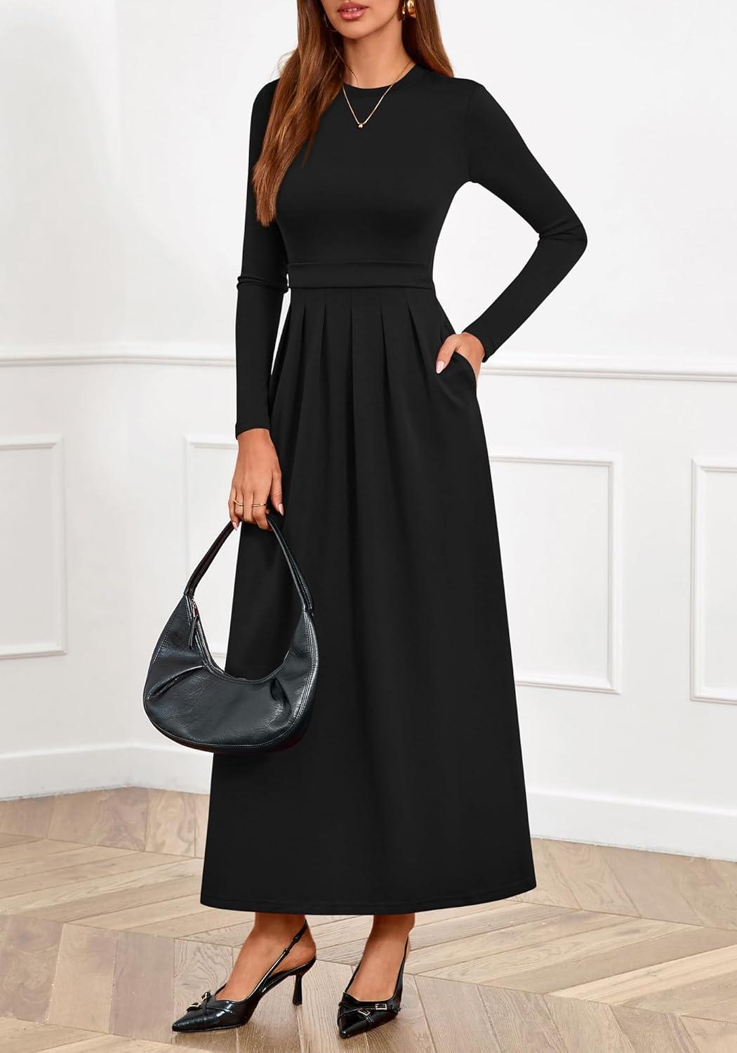 imageBTFBM Long Sleeve Dress for Women Spring Clothes 2026 Pockets Business Casual Pleated Fall Wedding Guest DressesBlack