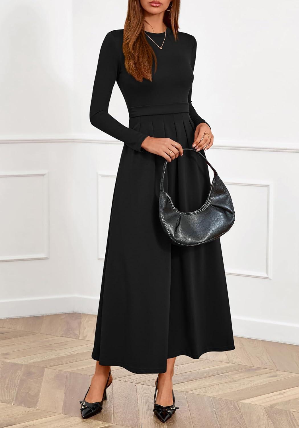 imageBTFBM Long Sleeve Dress for Women Spring Clothes 2026 Pockets Business Casual Pleated Fall Wedding Guest DressesBlack