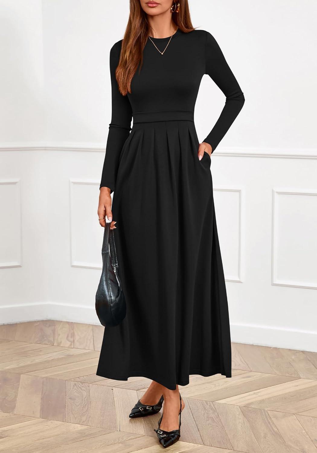 imageBTFBM Long Sleeve Dress for Women Spring Clothes 2026 Pockets Business Casual Pleated Fall Wedding Guest DressesBlack