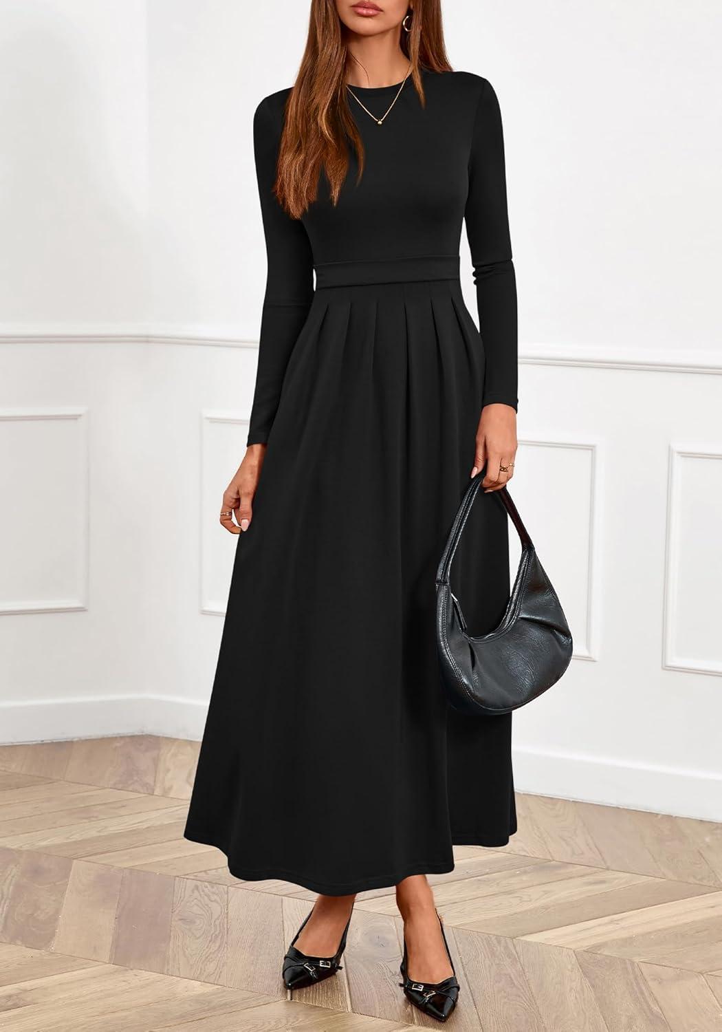 imageBTFBM Long Sleeve Dress for Women Spring Clothes 2026 Pockets Business Casual Pleated Fall Wedding Guest DressesBlack