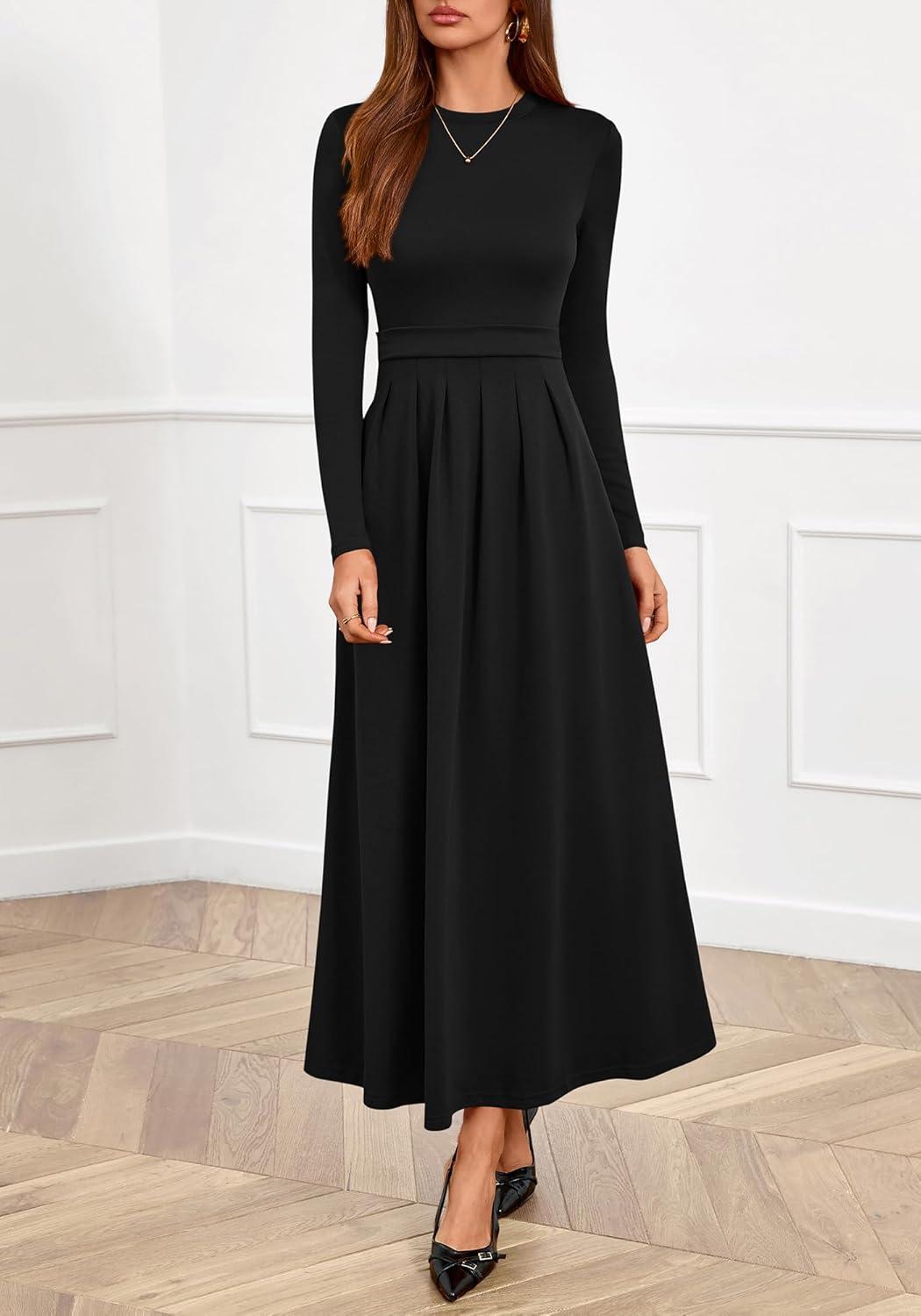 imageBTFBM Long Sleeve Dress for Women Spring Clothes 2026 Pockets Business Casual Pleated Fall Wedding Guest DressesBlack