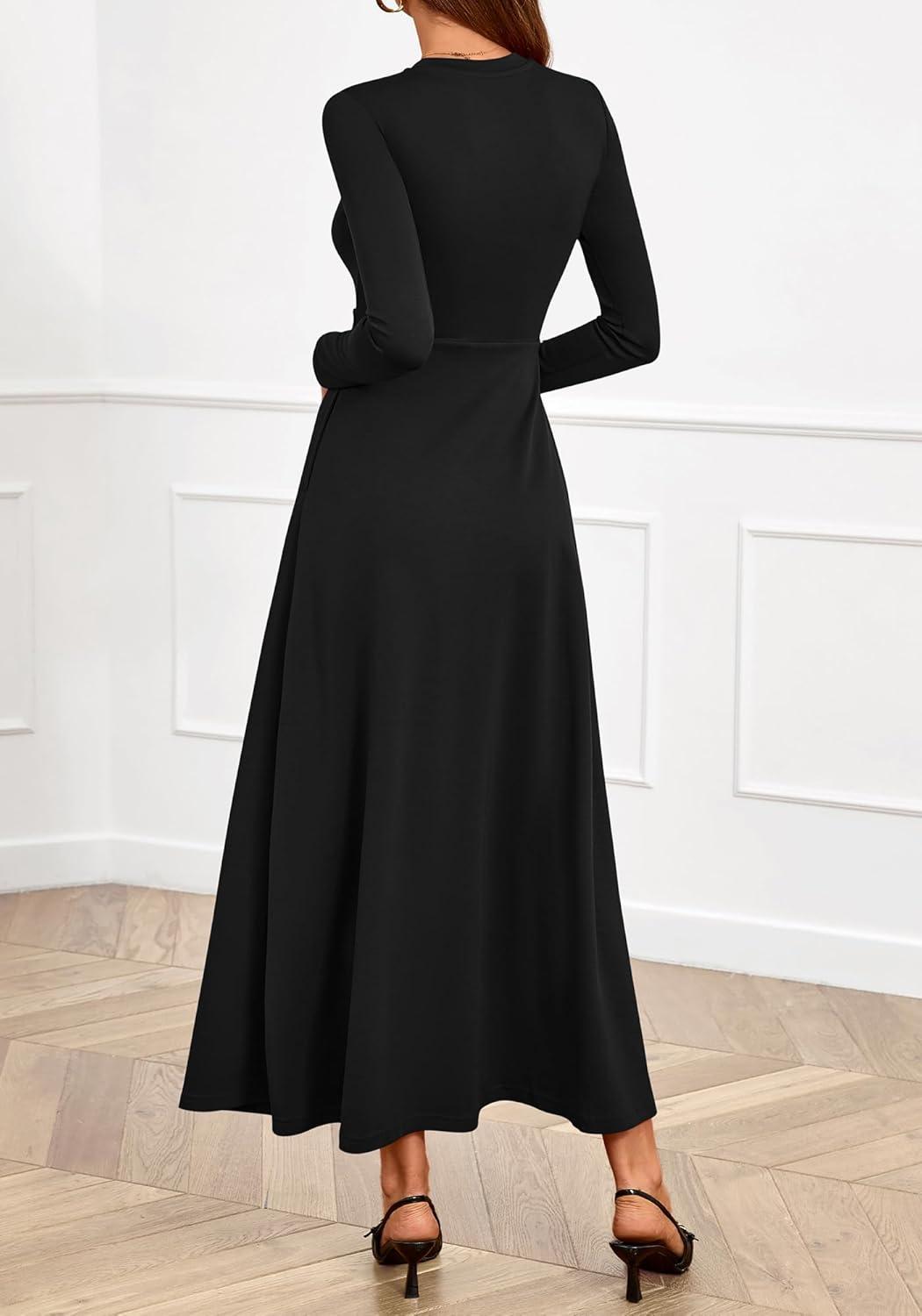 imageBTFBM Long Sleeve Dress for Women Spring Clothes 2026 Pockets Business Casual Pleated Fall Wedding Guest DressesBlack