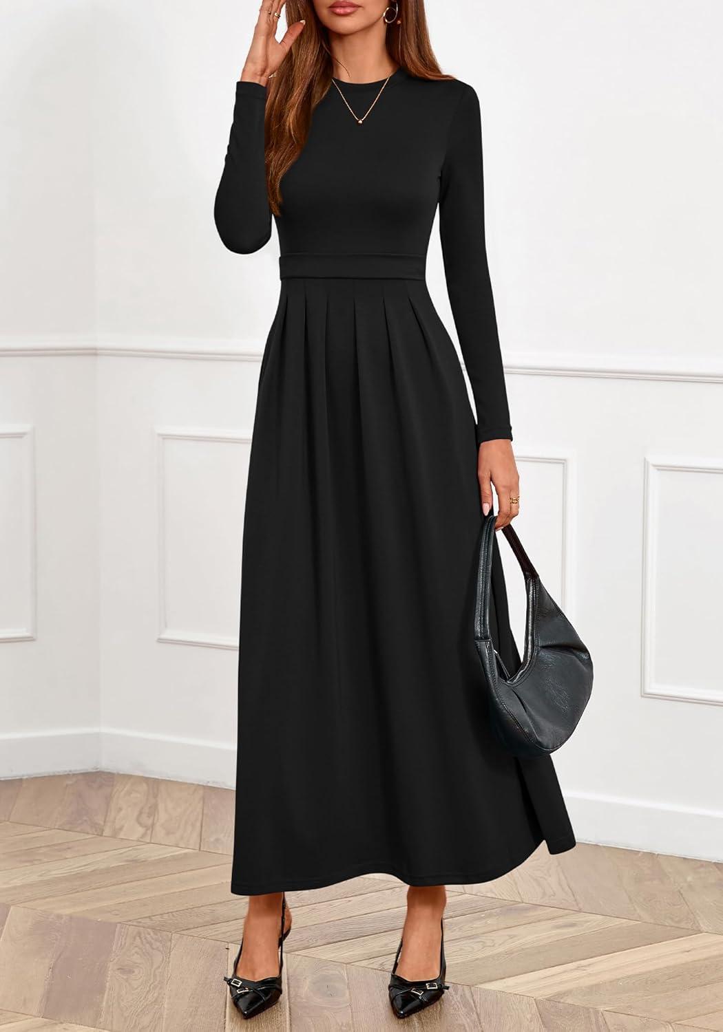 imageBTFBM Long Sleeve Dress for Women Spring Clothes 2026 Pockets Business Casual Pleated Fall Wedding Guest DressesBlack