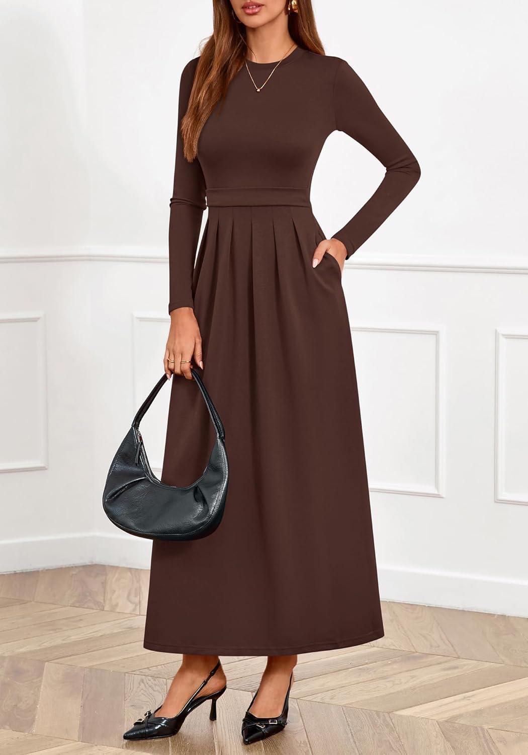 imageBTFBM Long Sleeve Dress for Women Spring Clothes 2026 Pockets Business Casual Pleated Fall Wedding Guest DressesBrown