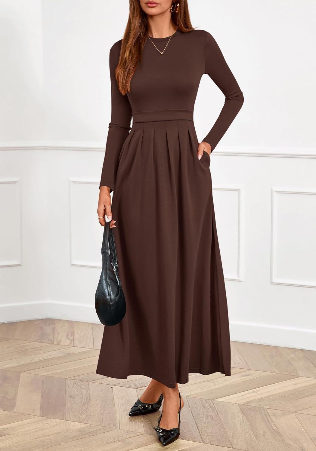 imageBTFBM Long Sleeve Dress for Women Spring Clothes 2026 Pockets Business Casual Pleated Fall Wedding Guest DressesBrown