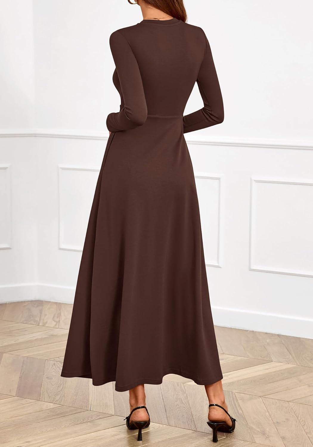 imageBTFBM Long Sleeve Dress for Women Spring Clothes 2026 Pockets Business Casual Pleated Fall Wedding Guest DressesBrown