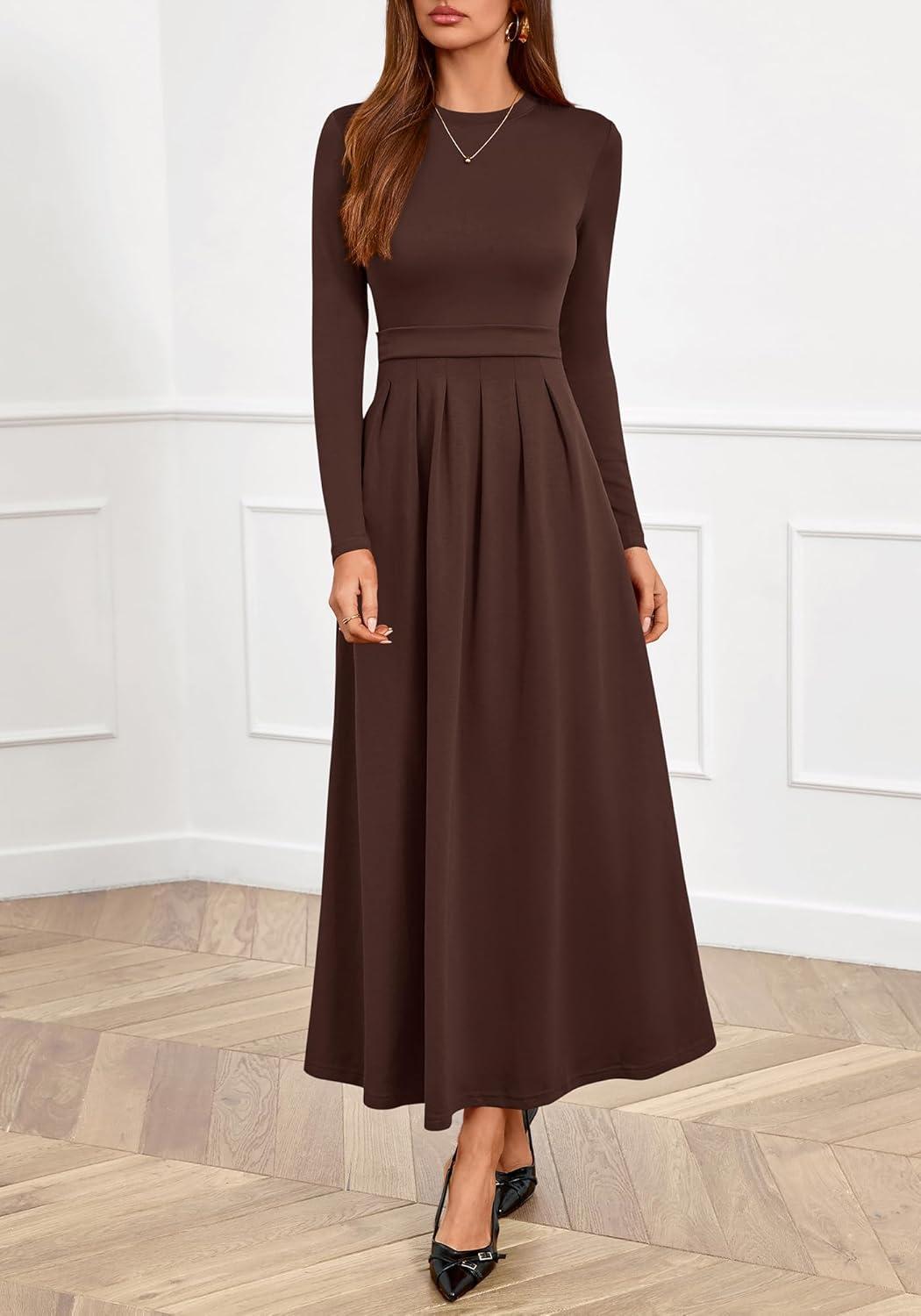imageBTFBM Long Sleeve Dress for Women Spring Clothes 2026 Pockets Business Casual Pleated Fall Wedding Guest DressesBrown