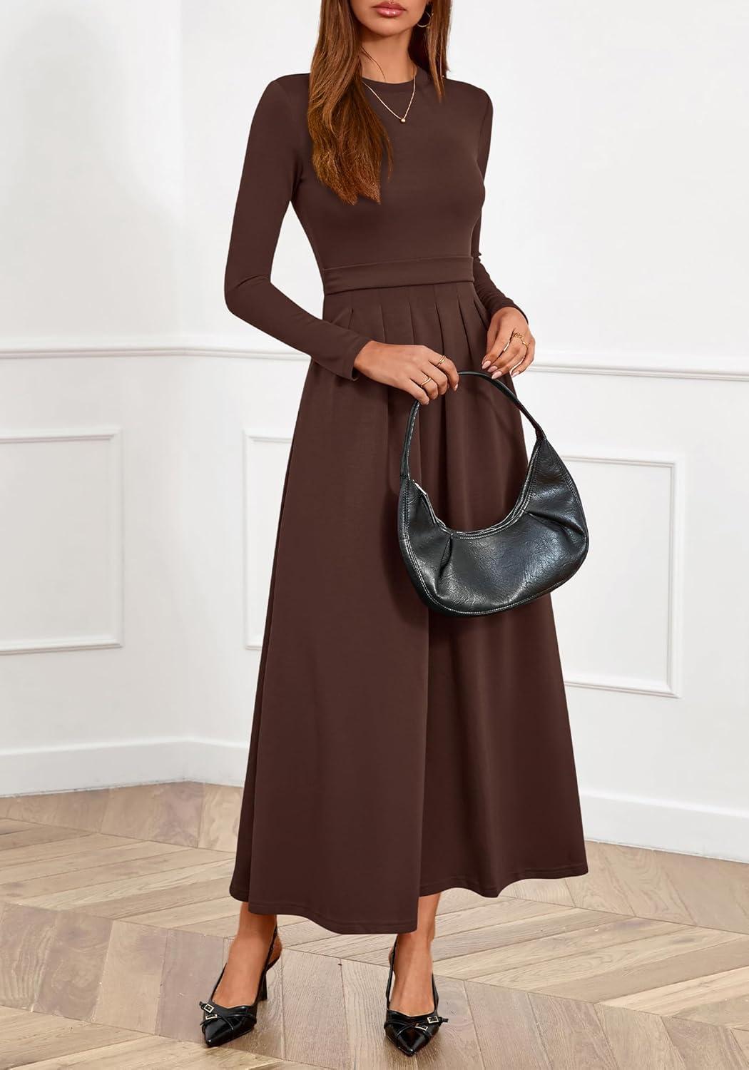 imageBTFBM Long Sleeve Dress for Women Spring Clothes 2026 Pockets Business Casual Pleated Fall Wedding Guest DressesBrown