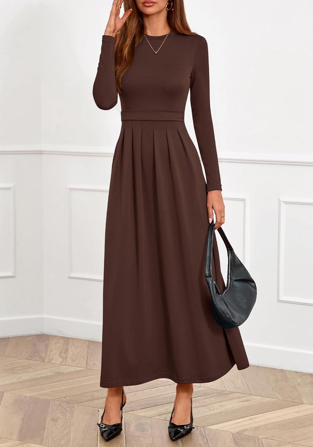 imageBTFBM Long Sleeve Dress for Women Spring Clothes 2026 Pockets Business Casual Pleated Fall Wedding Guest DressesBrown