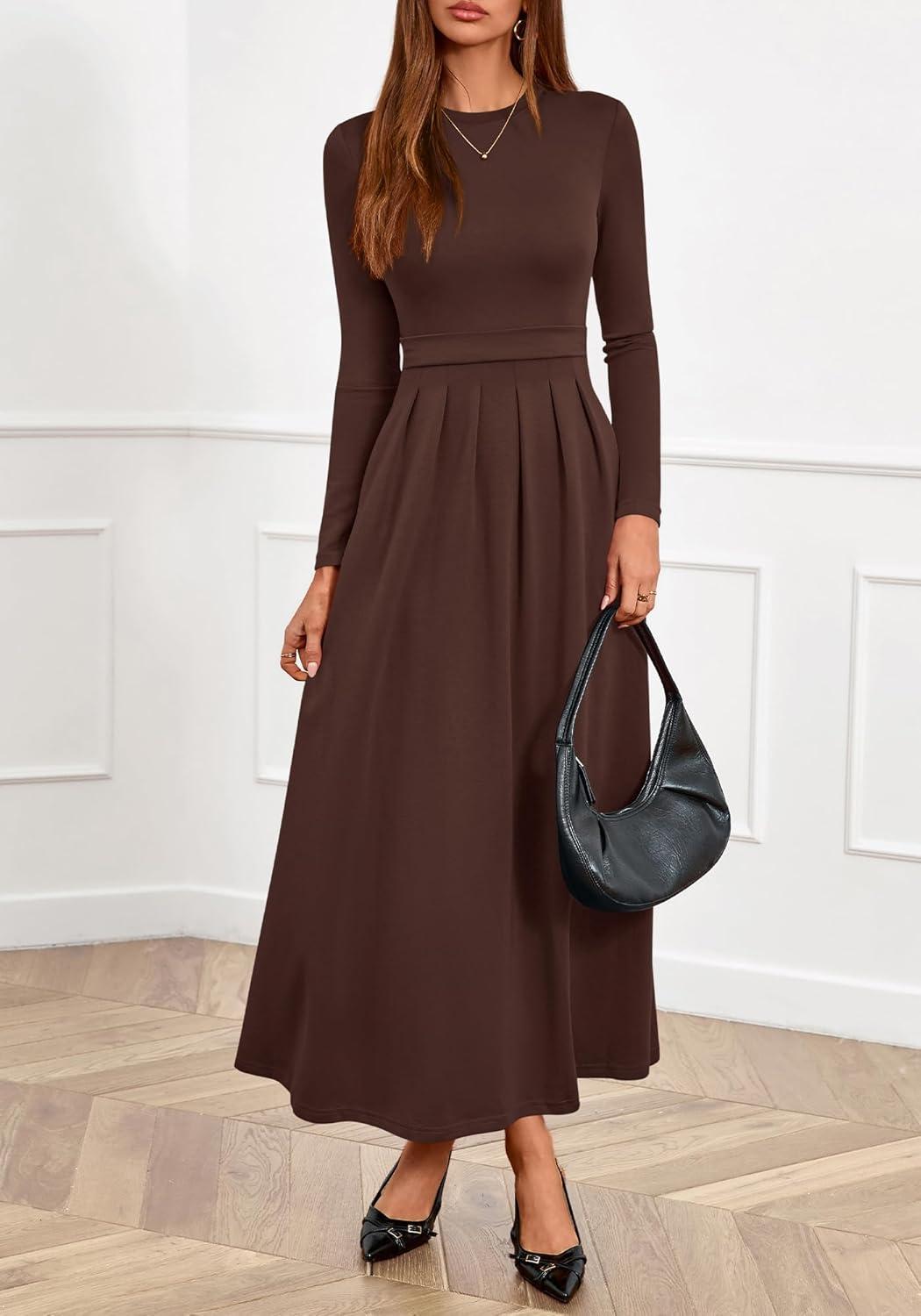 imageBTFBM Long Sleeve Dress for Women Spring Clothes 2026 Pockets Business Casual Pleated Fall Wedding Guest DressesBrown