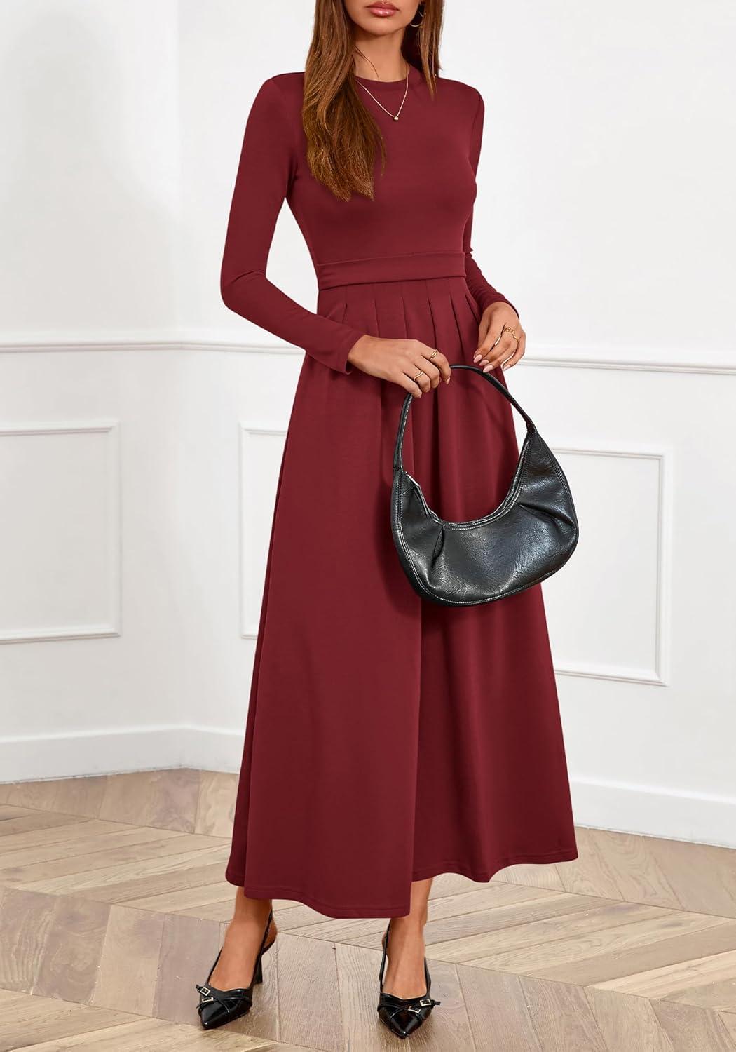 imageBTFBM Long Sleeve Dress for Women Spring Clothes 2026 Pockets Business Casual Pleated Fall Wedding Guest DressesBurgundy