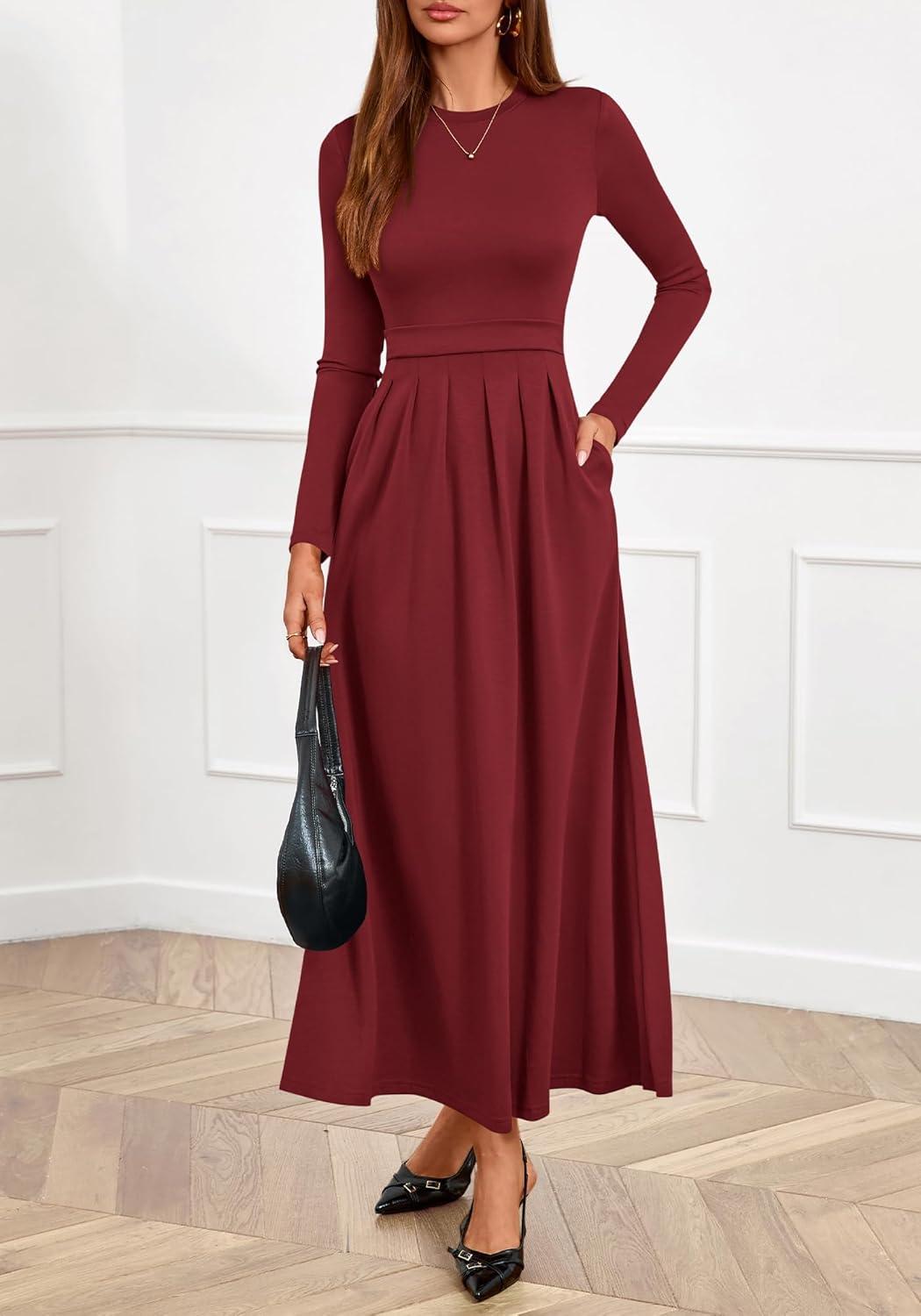 imageBTFBM Long Sleeve Dress for Women Spring Clothes 2026 Pockets Business Casual Pleated Fall Wedding Guest DressesBurgundy